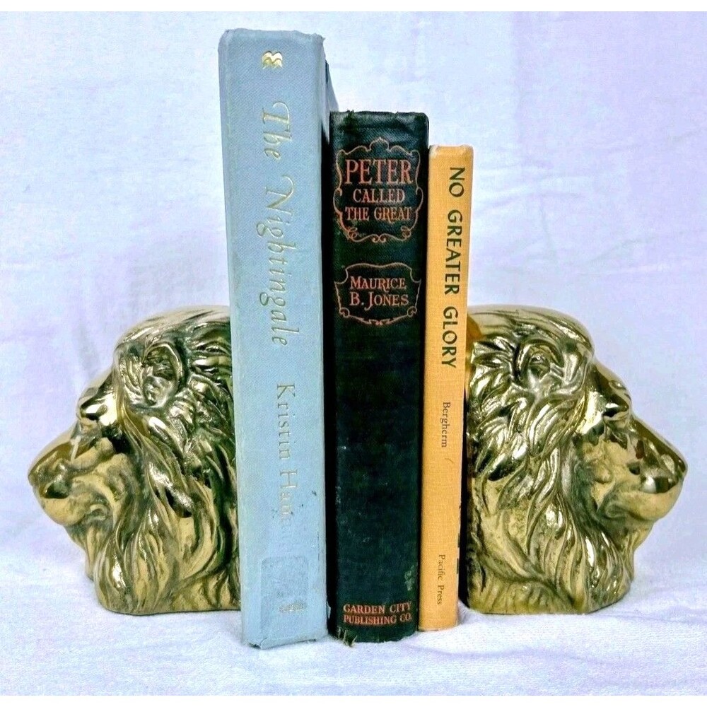 Pair Solid Brass Lion Head Bookends Heavy Vintage Made In Korea Majestic